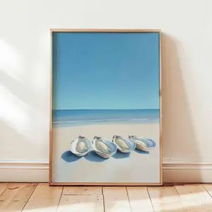 Oysters Poster, Seafood Wall Art, Coastal Shell Print, Minimal Seaside Wall Art, Tranquil Ocean Artwork, Soft Blue Shore Decor, Unframed