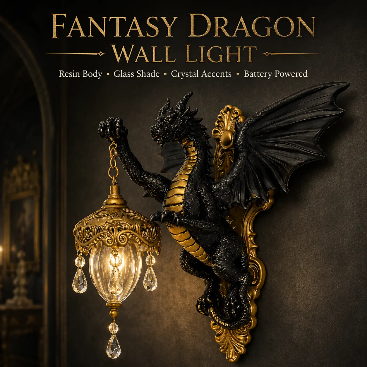 Decorative Dragon Wall Lamp, Gothic Vintage Wireless Night Light, Glowing Statue Gothic Lamp with Warm Glow Crystal Drops, Resin Sculpture Ornament, Resin Lamp, Lamps for Bedroom, Lamp Living Room, Home Decor for Hallway, Halloween Enthusiasts
