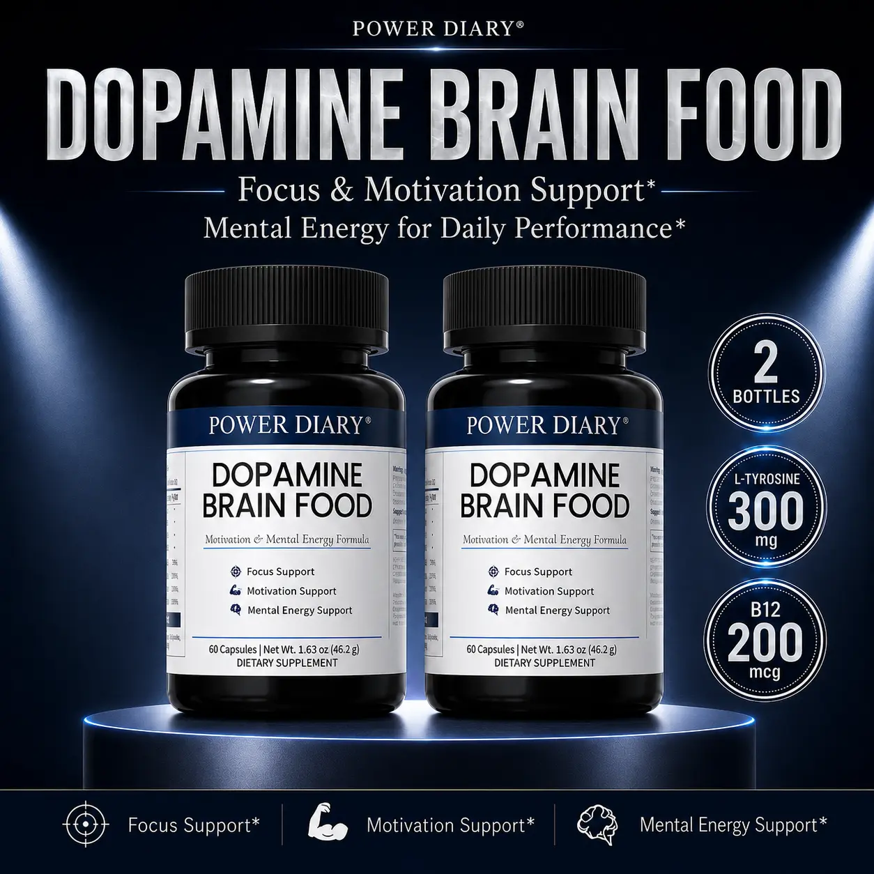 POWER DIARY Dopamine Brain Food, Dopamine Supplements & L-Tyrosine Supplement with L-Phenylalanine, Taurine, TMG, Vitamins B6 & B12, Focus & Mental Energy Support, 60 Capsules