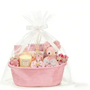 Cute Woven Basket with Gift Bags and Ribbons, Small Woven Gift Basket with Handles for ,Aesthetic Pink Woven Gift Basket with Bow , Empty DIY Gift Basket Kit for Birthday, Wedding, Mother's Day