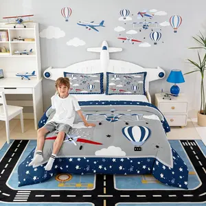 Feelyou Aircraft Print Bedding Set - Kids Boys Polyester Fiber Comforter Set with Cartoon Airplane, Hot Air Balloon, Cloud, Starry Moon Designs, Multi-Size U-Stitch Travel Ready Bedroom Decor (Chic Grey Navy)
