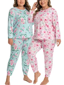 Plus Size 1XL-5XL Women's 2-sets Pajama Set | Long-Sleeve Top & Full-Length Pants  | Soft Breathable Loungewear