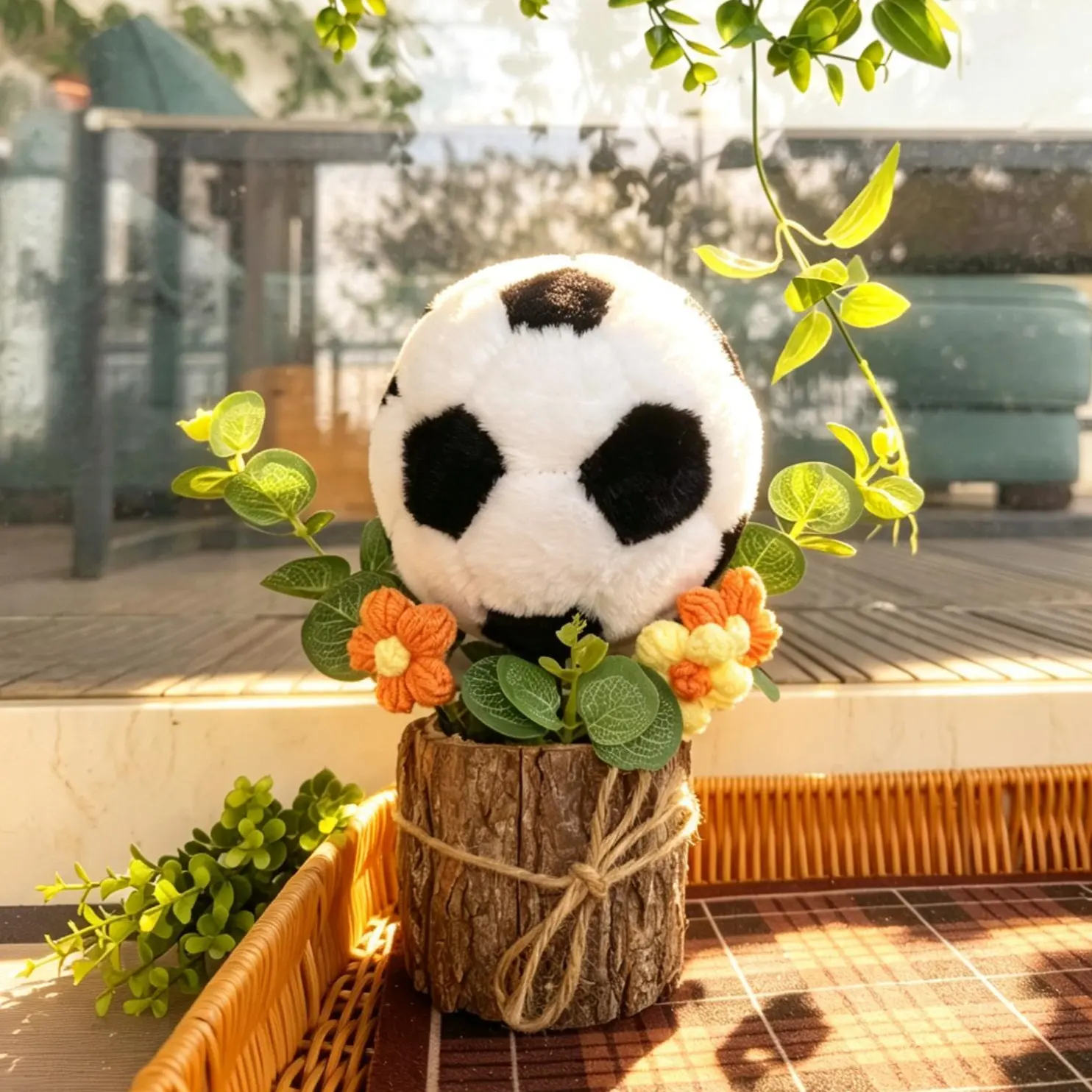 Soccer ball bouquet，Handmade Crochet Soccer Flower Potted Plant - Polyester Plush Football Fake Flower Arrangement, Decorative Sports Decor, Unique Gift for Soccer Lovers, Desk Decor for Home & Office