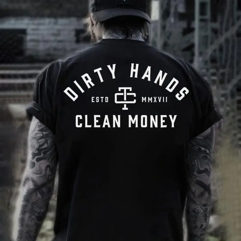 Men's Cotton Short-Sleeve Relaxed-Fit T-Shirt - Dirty Hands Clean Money Graphic Top, Blue Collar Workwear, Mechanic Hustle Apparel, 2025 Gift Idea 0714D 818