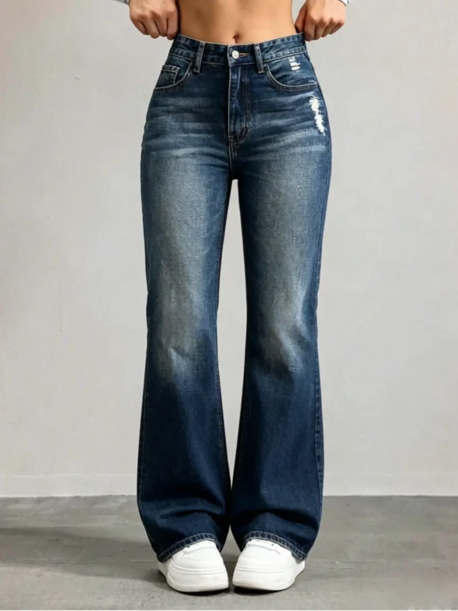 Women's Straight  Denim Pants with Pockets Casual High Waisted Stretch Baggy Loose Denim Pants