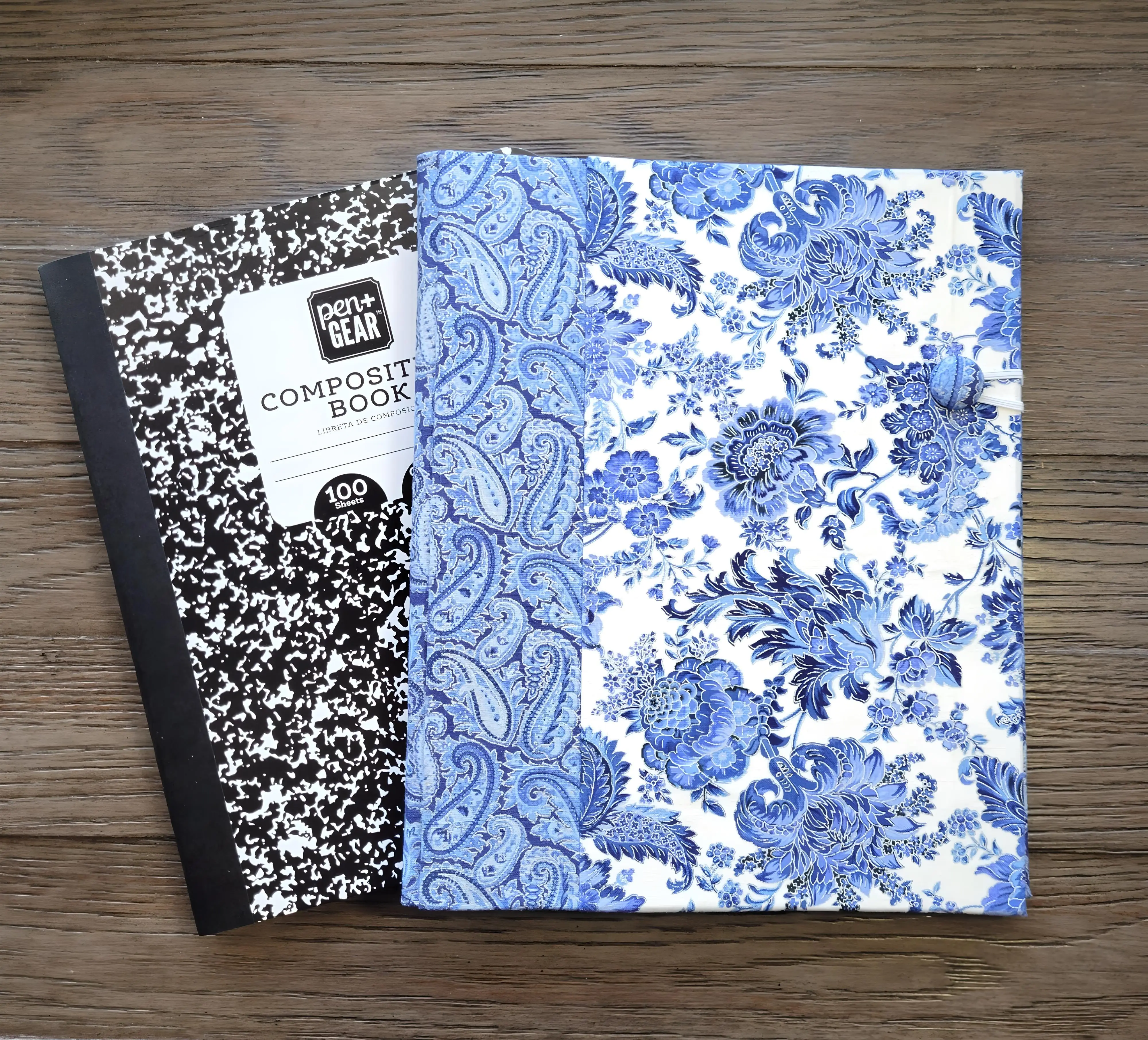 Fabric Covered Hardcover Reusable Notebook Composition Book Cover - Delft Blue, White and Silver Paisley