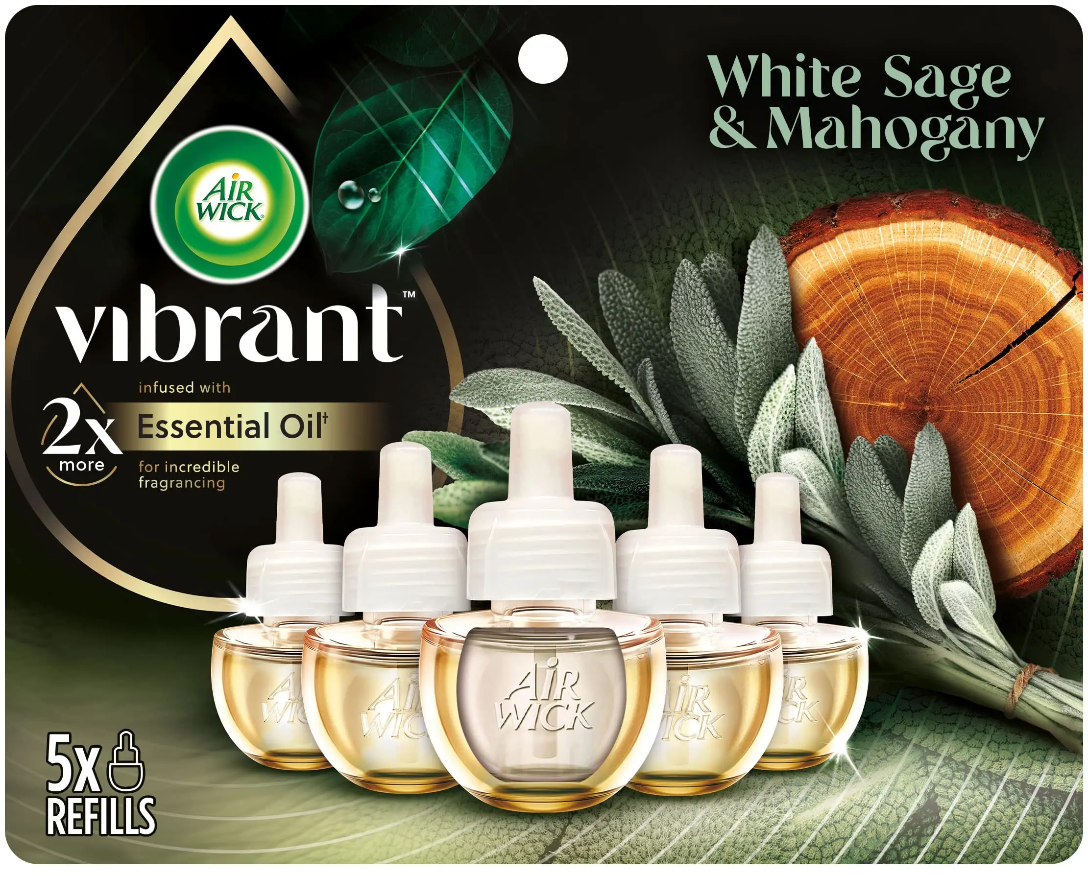 Air Wick Plug-in Scented Oil Refill, 5ct White Sage & Mahogany Home Fragrance with Luxurious, Long-Lasting, Nature-Inspired Essential Oils for Enhanced Home Ambiance, Room Freshening