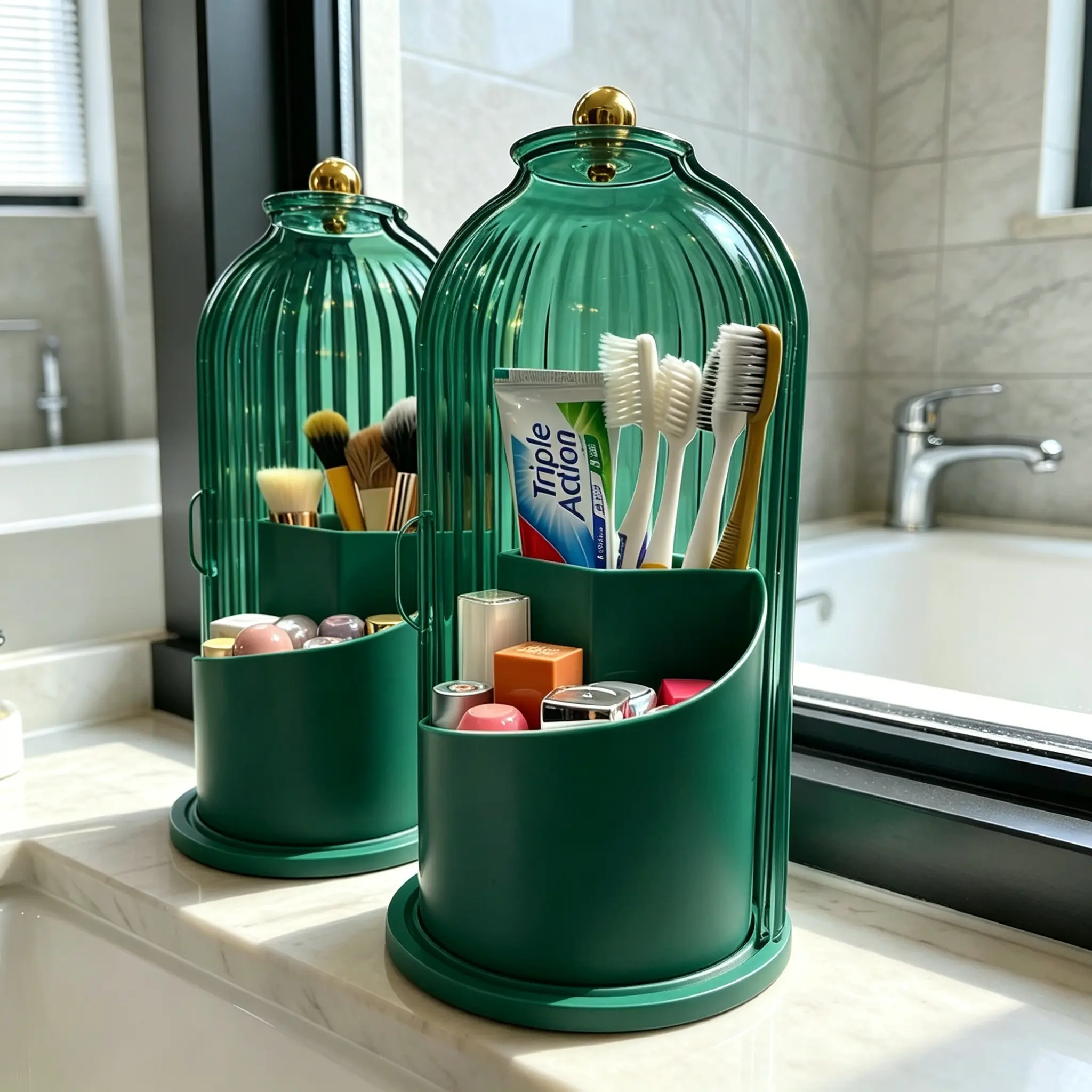 360° Rotating Toothbrush Holder with Cover – Dustproof 3-Slot Bathroom Organizer for Electric Toothbrush, Toothpaste & Makeup Brushes, Anti-Slip Drainage Base, Clear Plastic Vanity Countertop Storage – Gift for Her, Valentine’s Day, Birthday
