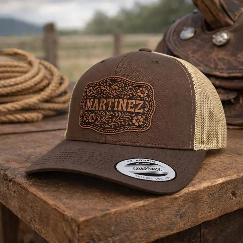 Custom Leather Patch Trucker Hat, Personalized Name Snapback Cap, Western Style Mesh Hat, Rustic Gift for Men