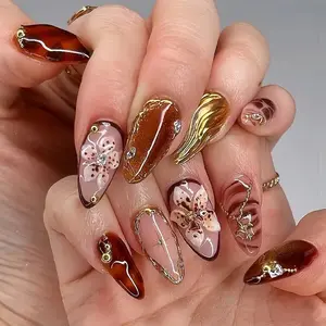 24 Pcs 3D Tortoiseshell Almond Nails, Handmade Floral Gold Foil Design, Rhinestone & Gold Chain Decor, Glossy Reusable False Nails
