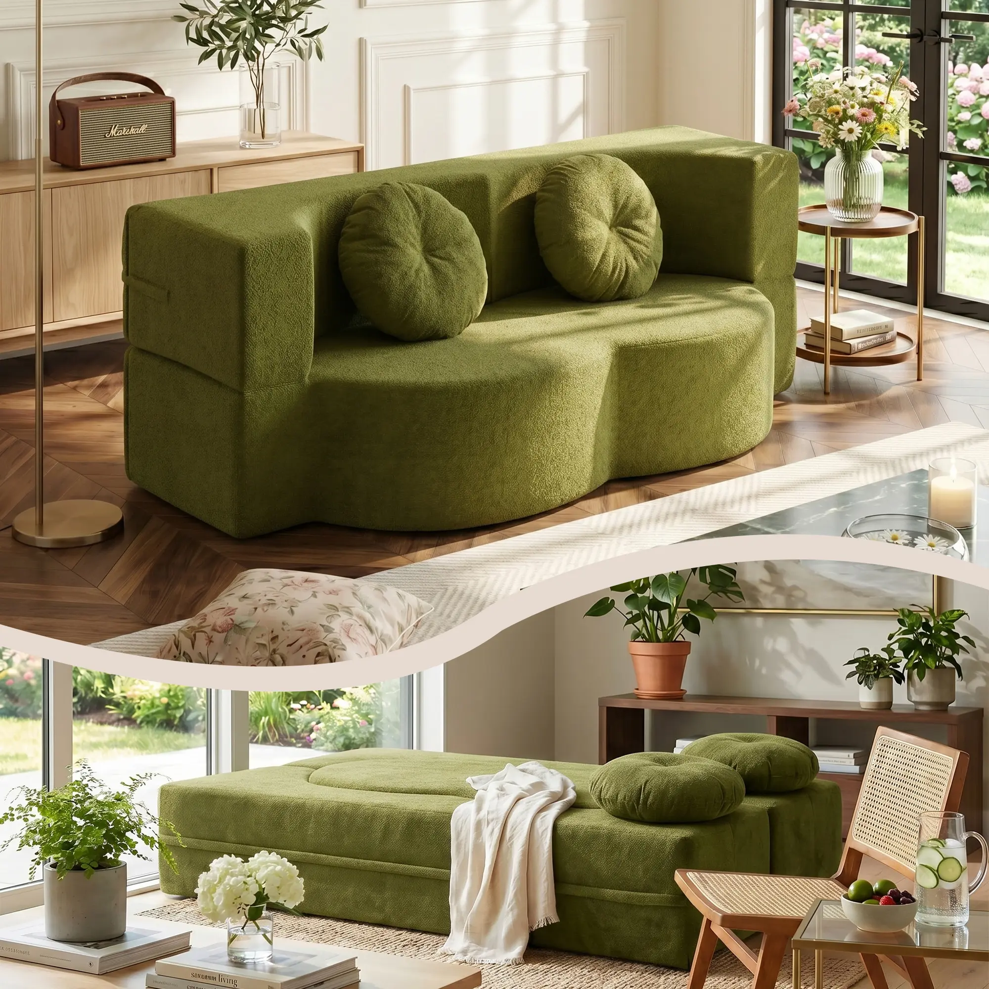Eyisean Modern Armless Twin Futon Sofa Bed - 76" Boneless Frame Keeps Look Sleek Floor Couch Set, Foam-Filled Medium-Soft Mattress with 2 Pillows, No-Assembly Guest Bed for Small Spaces/Home Office, Teddy Soft Touch Fabric