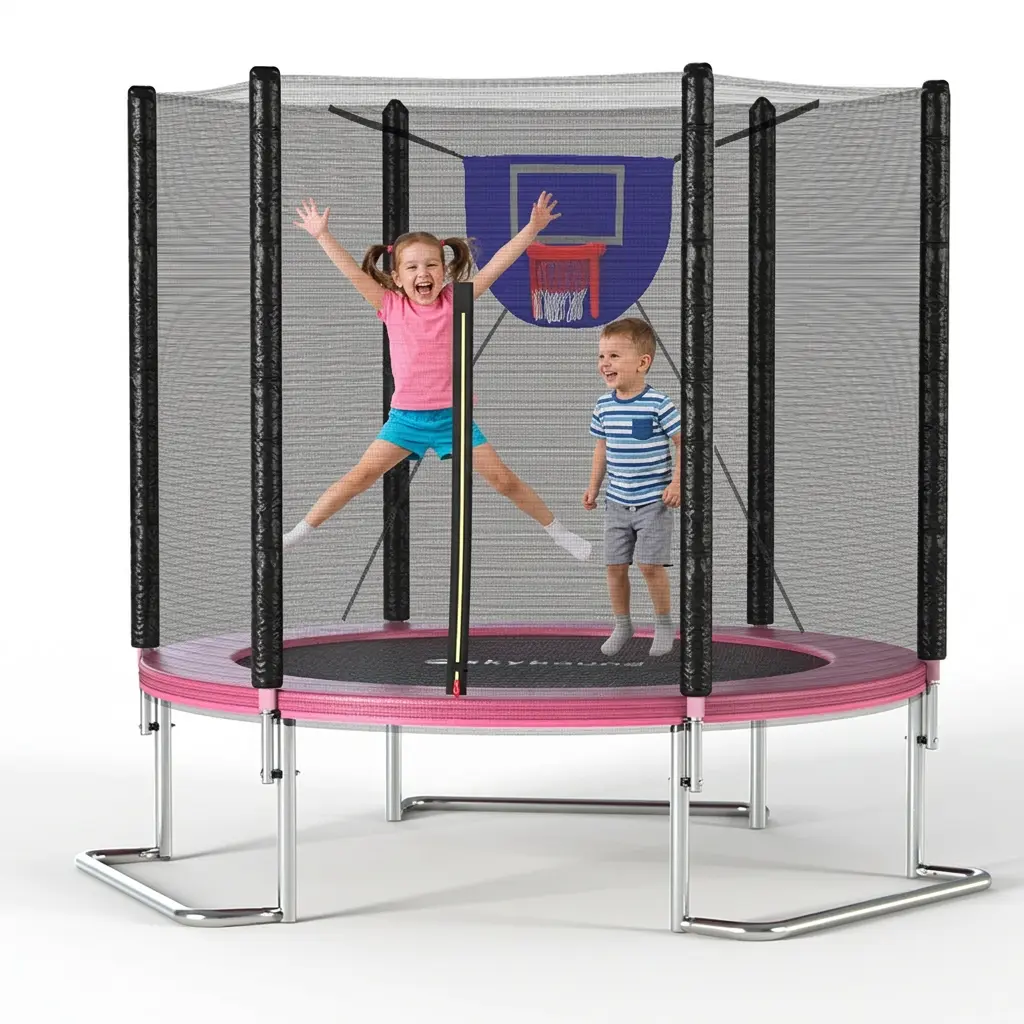 SkyBound 8.25ft Stable Exercise Trampoline, Outdoor Equipment for Kids & Adults Trampoline Workout with Rust Resistant Steel Frame & Safety Net, Sports, Unisex, All Ages, L-Shaped Legs, Comprehensive Enclosure Net Protection, Foam-Padded Poles, Outdoor Us