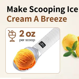 Electric heating ice cream scoop with digital LED display, 2000 mAh rechargeable USB, IP67 waterproof rating, maximum capacity 2 ounces, maximum temperature 158 degrees Fahrenheit, ergonomic handle for easy scooping.