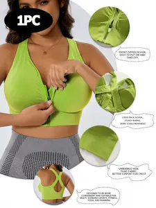 Women's Zipper Front Closure Bra, Removable Pads, X-Back Seamless Design, Athletic Fitted, Suitable for Sports, Running, Gym, Cycling, Rock Climbing, Yoga