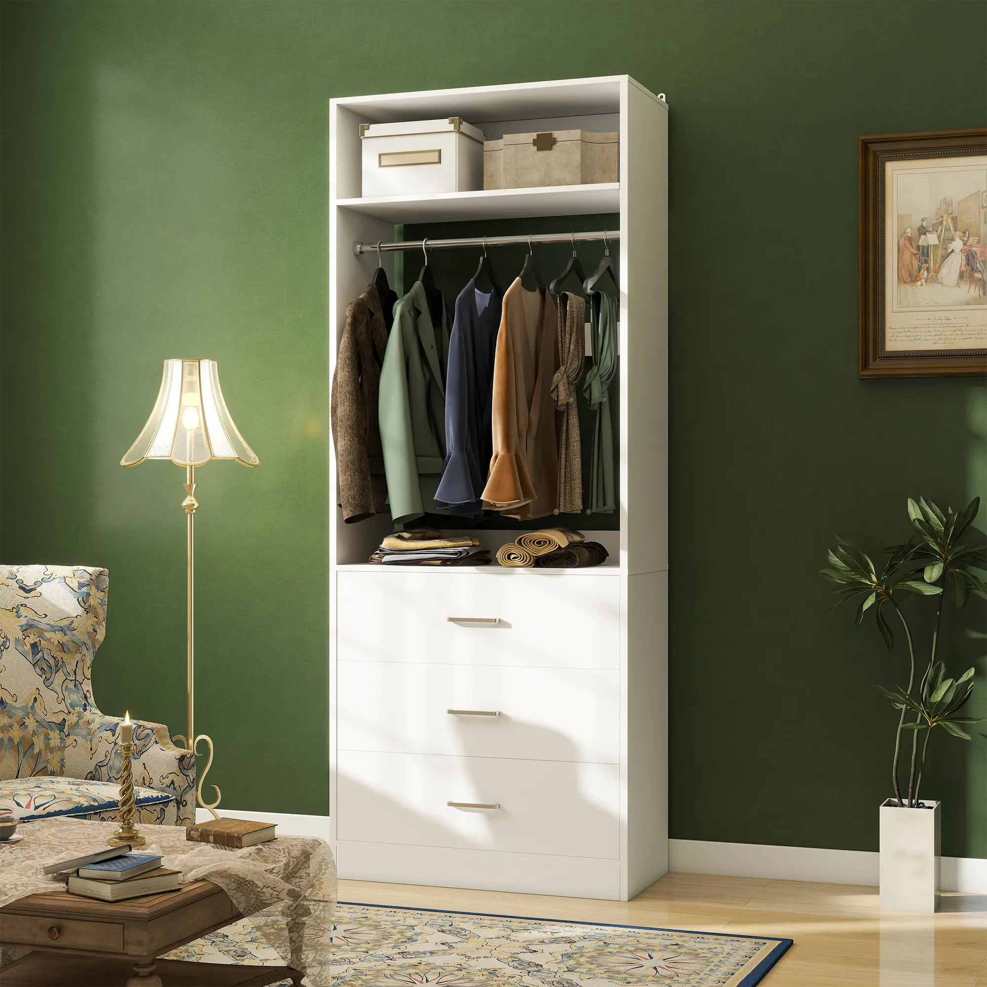 Cyclysio 24" W Closet Organizer with 3 Wood Drawers, Freestanding Small Wardrobe cabinet Walk-in Closet System with Hanging Rod，Tall Dresser closet organization Bedroom