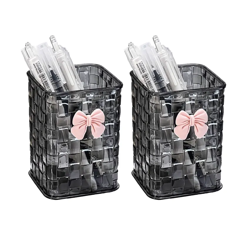 Bow Decoration Transparent Desktop  - Large Capacity Desktop  Case, Grid Design, For , School, Home - Multifunctional Marker & Stationery ,     makeuporganizer  box container makeuporganizer