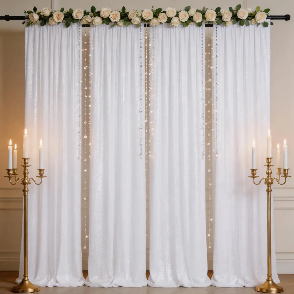White Sequin Photography Backdrop Banners, 4 Pcs 2x8ft Dazzling Glitter Decor for Halloween, Romantic Wedding Aisle