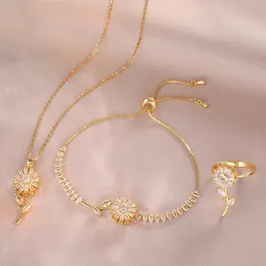 3PCS Jewelry Set, Necklace+Bracelet+Ring, Rotating Sunflower Zircon Necklace Fashion Suit Titanium Steel Clavicle Chain