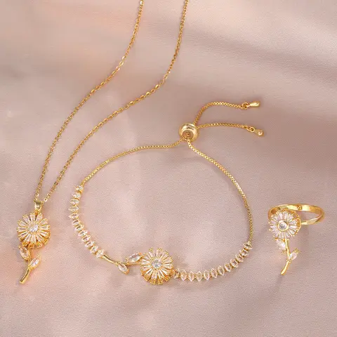 3PCS Jewelry Set, Necklace+Bracelet+Ring, Rotating Sunflower Zircon Necklace Fashion Suit Titanium Steel Clavicle Chain
