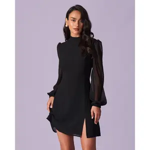 Rihoas Women's Black Stand Collar Puff-Sleeve Long-Sleeve Slim Comfortable Elegant Polyester Fabric Sheer Slit Mini Dress, Chic Casual Wear for Ladies
