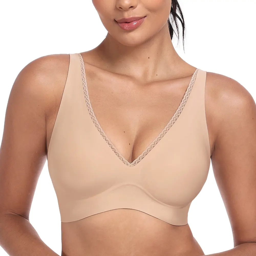 HSIA Echo AirFlow Breathable Deep V Bra Seamless Plunge Push Up Wireless Comfortable Supportive T-Shirt Bra No Underwire Jelly Gel W-Shape Support Elegance Lace Trim 4-Way Stretch Soft Fabric Smoothing Invisible Adjustable Straps U-Back Shaping