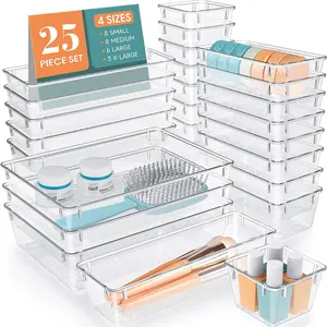 25 PCS Clear Plastic Drawer Organizer Set, 4 Sizes Desk Drawer Divider Organizers and Storage Bins for Makeup, Jewelry Boxes