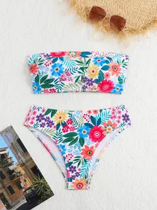 Two-piece Set Women's Floral Print Padded Bandeau Bikini Top & High Cut Swim Panty Bikini Set, Strapless Wireless Swim Bra & Swim Panty, Summer Swimwear for Beach Holiday, Floral Swimsuits, Bandeau Bathing Suit, Bikinis Sets