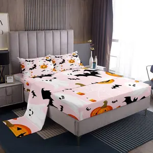 Feelyou Kids Halloween Bedsheet Sets - Breathable Soft Bedding, Deep-Pocket Fitted Sheet, Ghosts Pumpkins Bats & Spider Web Design, Queen Size Option for Boys/Girls