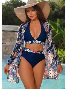 New Navy Bikini with Tropical Print Trim, Halter Style Two-Piece Swimsuit for Poolside Wear