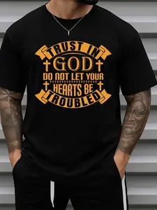 Men'S Trust in God Faith T-Shirt - Black Short Sleeve Casual Wear, 100% 180G Round Neck Tee for Church, Gym, And Everyday Use, Plus Size