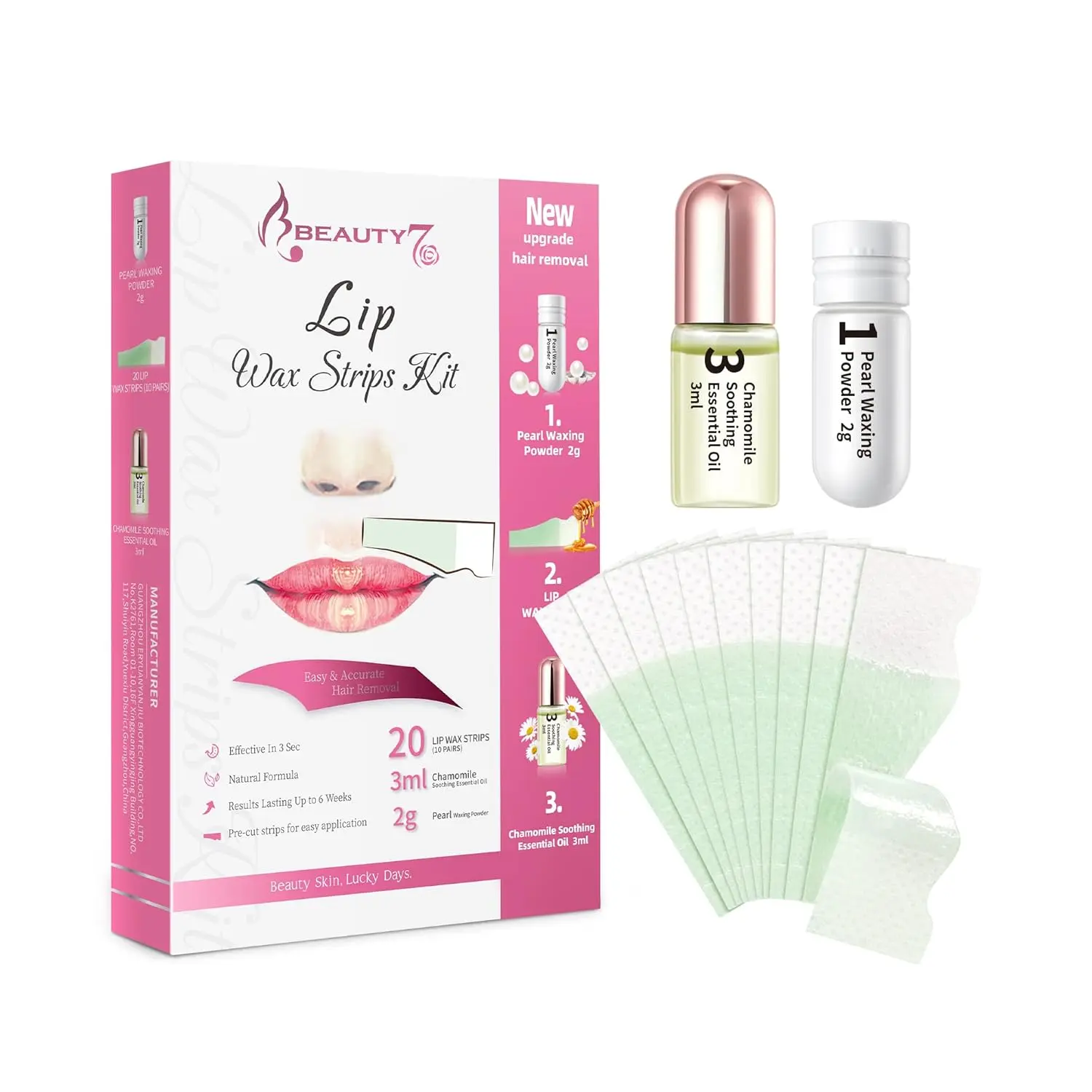 Beauty7 Lip Kit with Natural Beeswax Blend, Gentle Cold Wax Formula for Upper Lip Grooming, Suitable for All Skin Types, Waxing Supplies, Face Hair Removal, Body Care, Sensitive Skin, Pearl, Hypoallergenic, Soft Wax Waxing
