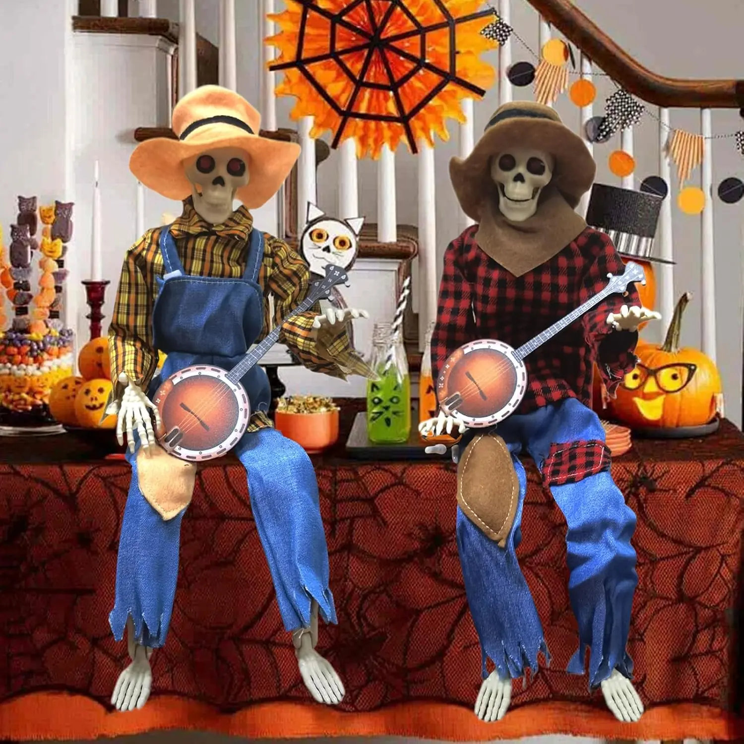 halloween  shop  of  horror，15.75in Compact Plastic Cowboy Skeleton Musician Ornament with Banjo - Funny Farmhouse Festive Decor Accessory for Desk, Entryway Haunted House, Portable Rustic Home Supplies, Ornaments, Decor Accessories