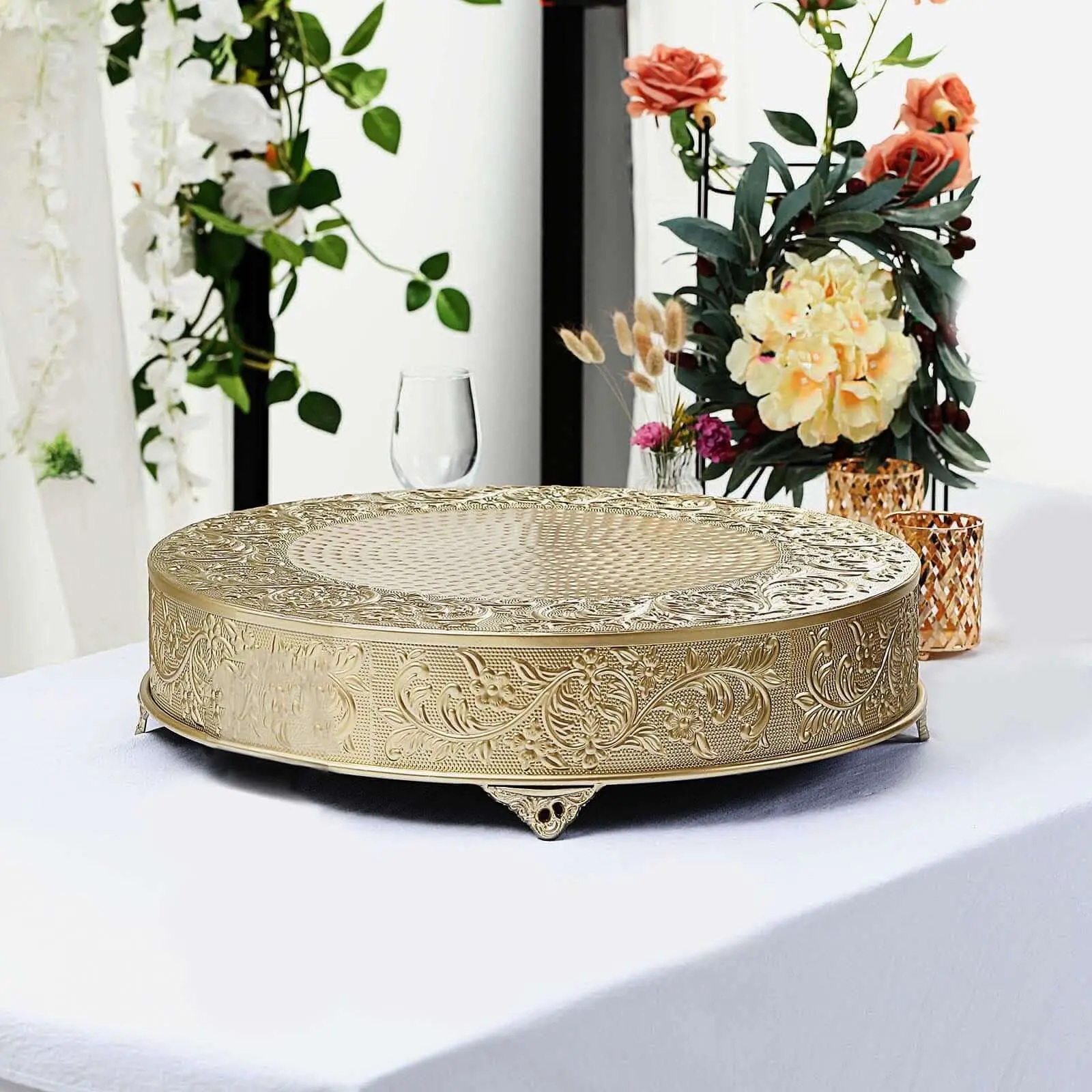 22" Gold Metal Round Cake Pedestal Stand with Embossed Matte Design - Decorative Cupcake Display Riser, Dessert Tray for Birthday, Wedding Decorating, Luxurious Event Styling