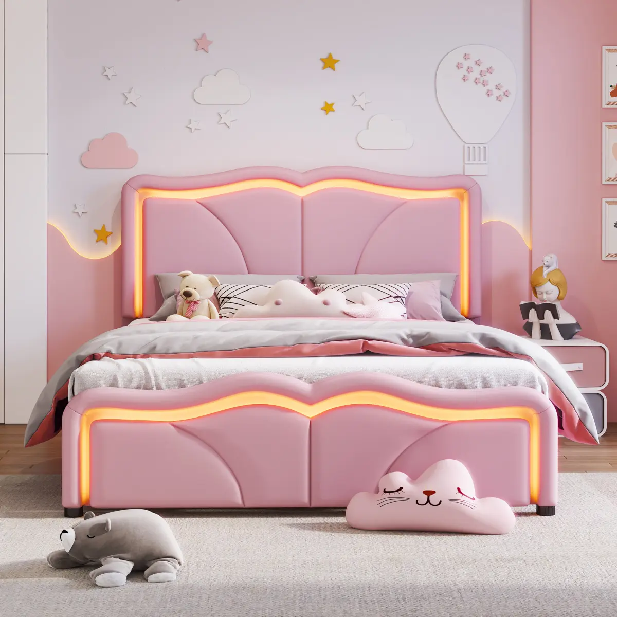 Upholstered Platform Bed with Adjustable/Curve Headboard & LED/Tufted Options – Twin/Full/Queen