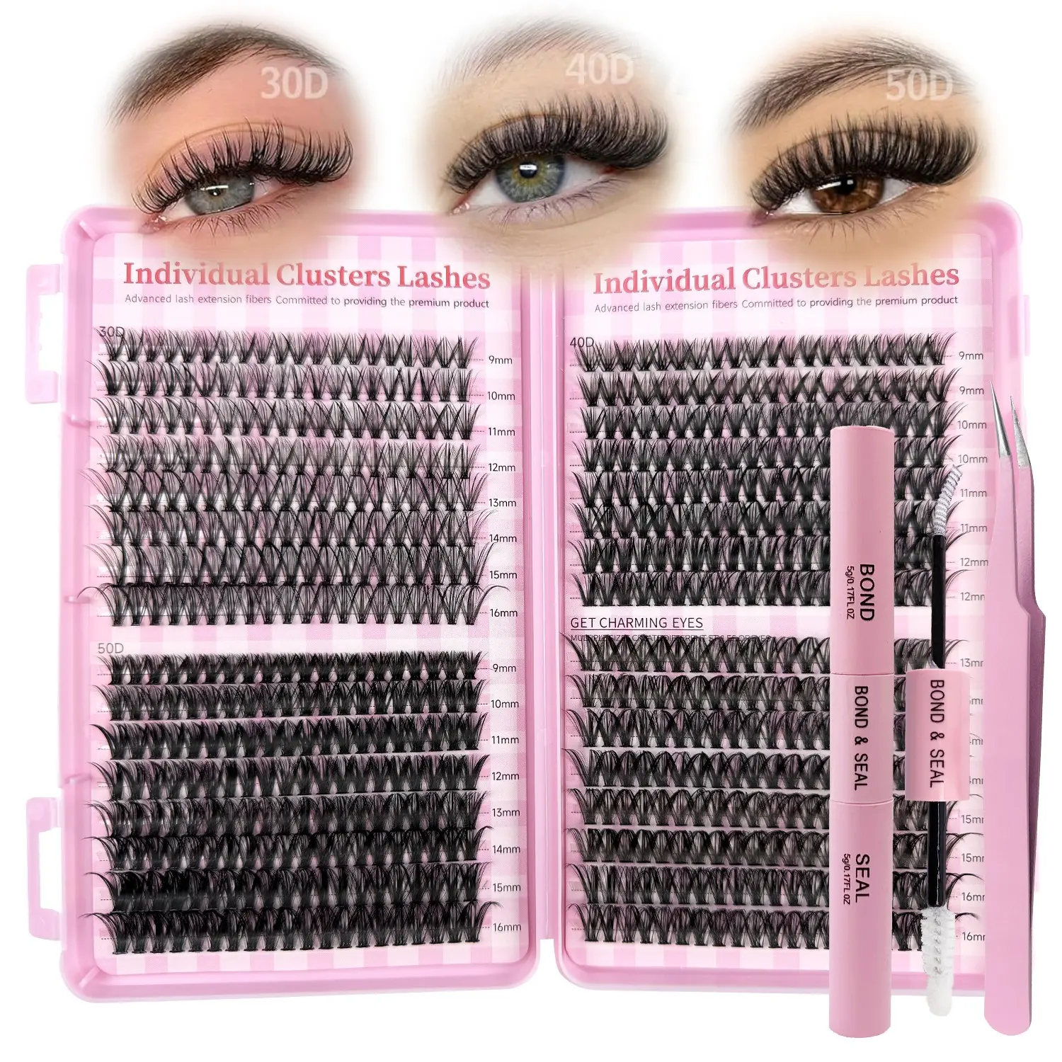 640 Pcs DIY False Eyelashes Set, 30D/40D/50D, 9-16 mm Beauty Eyelash Clusters, Natural Look, 8 Different Lengths, Includes Glue & Tweezers, Perfect for Eye Makeup
