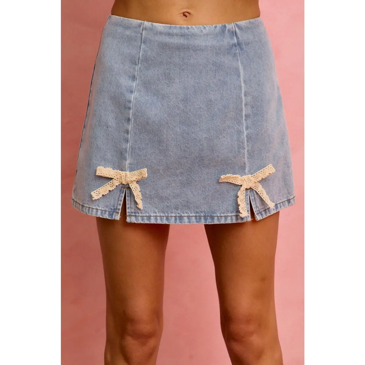 Women's Soft Comfortable Denim Bottoms - Mini Length Skirt with Lace Ribbon Trim and Bow Accents