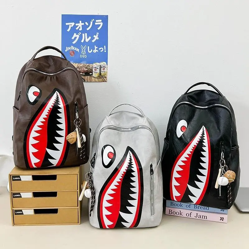 Vintage Leather Shark Mouth Backpack, Large Capacity Casual Travel Backpack, Multicolor Street Style Student School Rucksack For Men Women