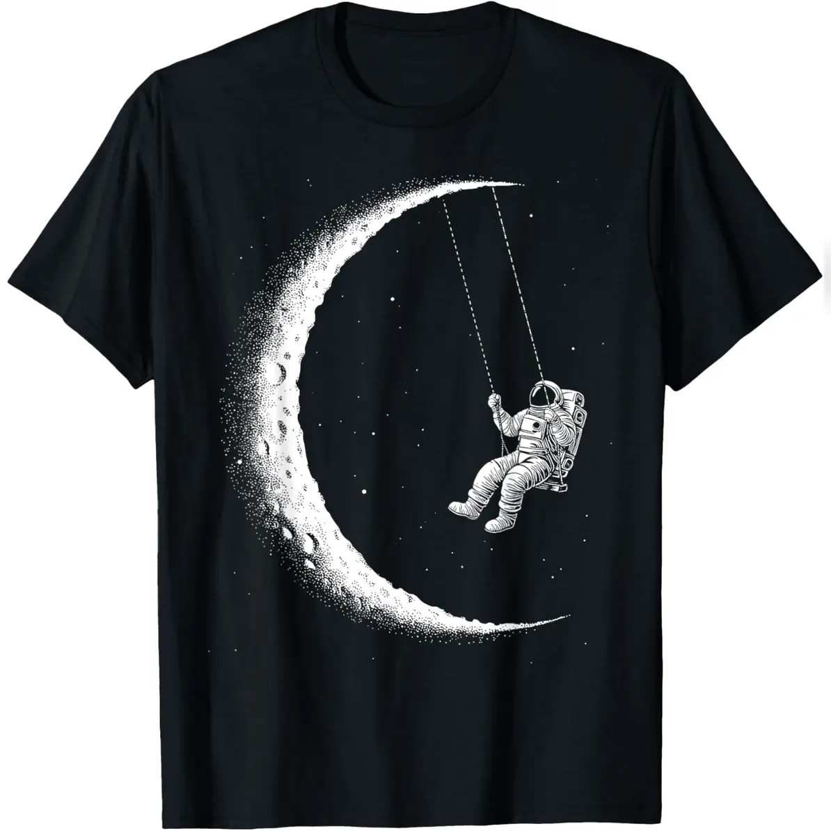 Women's Short-Sleeve Crew Neck Medium-Length Comfortable Everyday Cotton T-Shirt, Astronaut Moon Stars Outer Space Galaxy Astronomy Theme Casual Top