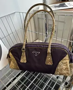 Pre-owned PRADA Vintage Bowling Bag Nylon Snakeskin Trim Triangle Logo Top Handle Bag Women Dark Purple Gold