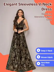 Women's Floral Sequins Backless Sheer V Neck Formal Evening Dress, Summer Clothes Women, Elegant Sleeveless Maxi A Line Dress for Party Wedding Bridesmaid, Ladies Summer Clothing