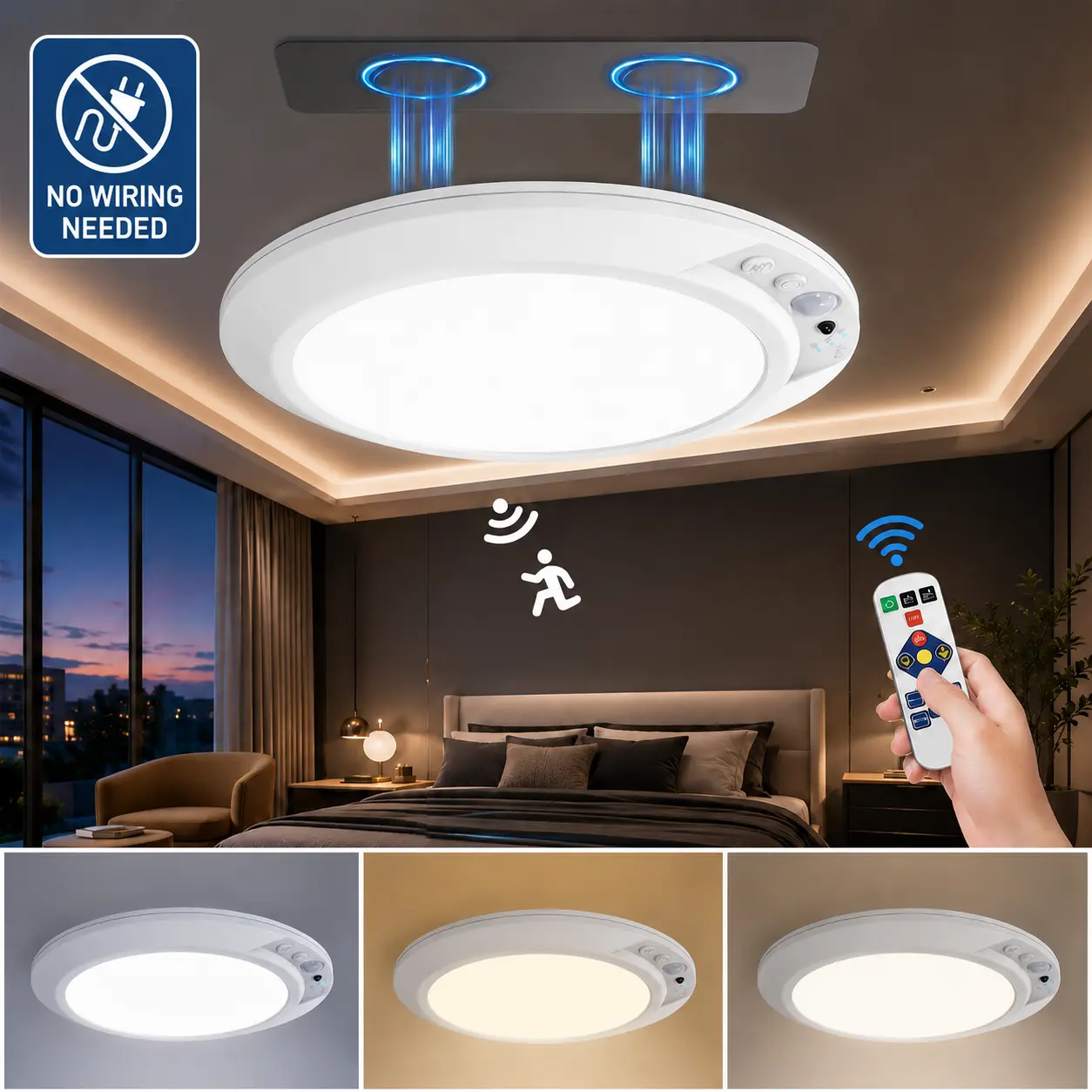 Rechargeable Motion Sensor Ceiling Light with Remote, 4000mAh Wireless Magnetic LED Closet Light, 3 Color Modes, Easy Install No-Wiring Light for Dorm Room, Apartment, Hallway, Stairs & Bathroom,Flood Light sohochic