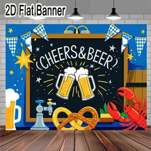 2D flat banner, 1pcOktoberfest Party Decor Wooden Blackboard Sign with Cheers & Beer Text, Festive Blue-White Bunting, Golden Pretzels, Metallic Beer Tap, Seafood Lobster Accent, Celebratory Beverage Theme for Beer Lovers and Festive Gatherings