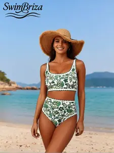 Briza｜Wide Strap Two-Piece Swimsuit In White Green Floral Bikini With High Waisted Bikini Sets Shape, Bikini Sets Fit, Swimsuits 2 Piece Bathing Suits 2 Piece Set, And High Waisted Bathing Suit Women Set For Vacation Swimwear For Women
