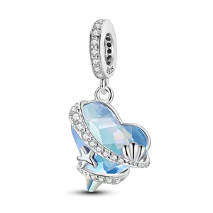 Luminous aquamarine heart-shaped gemstone shell starfish pendant | 925 Silver-plated | Suitable for Pandora bracelets | Ocean-themed beads | Women's gift
