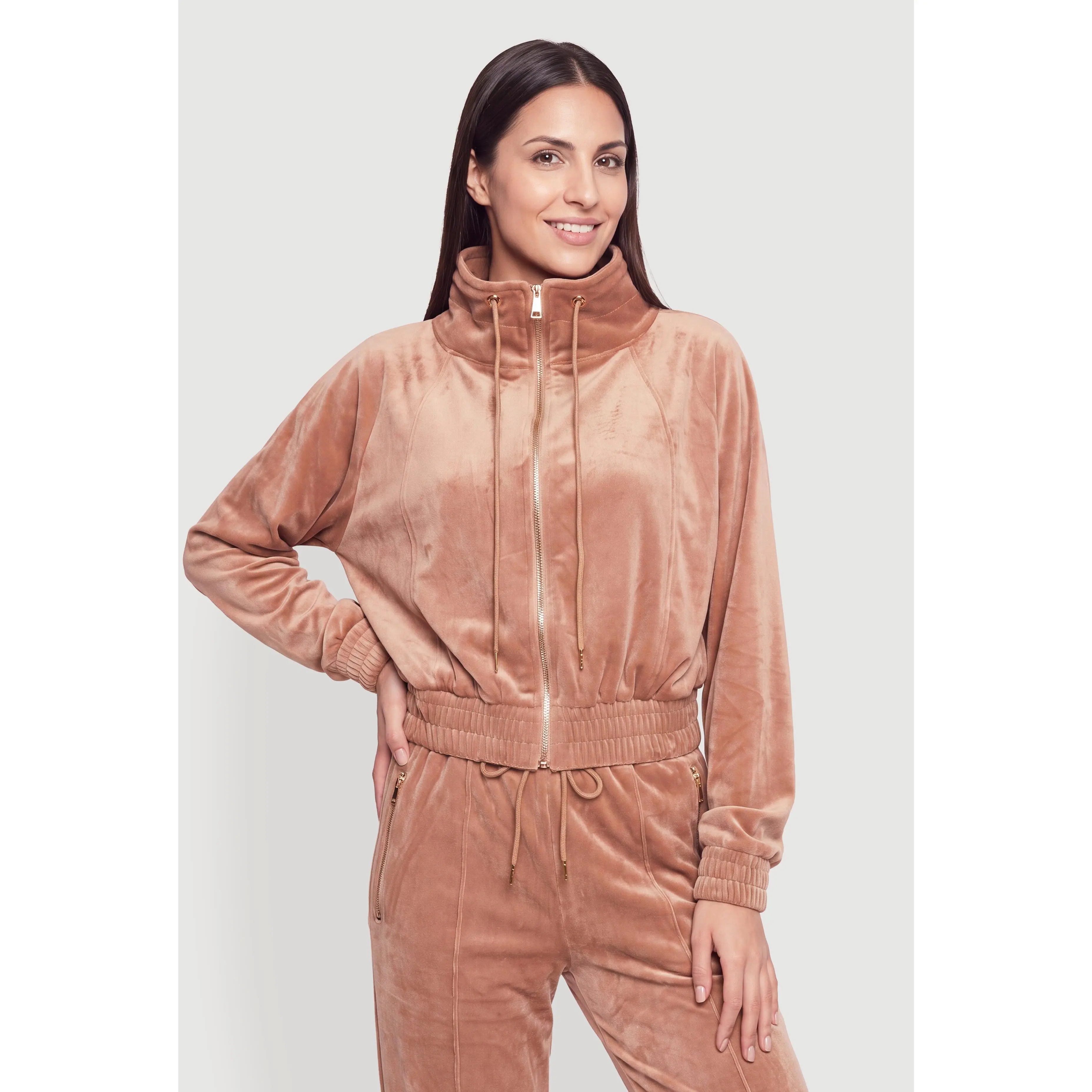 Mock Neck Zip Front Velour Top