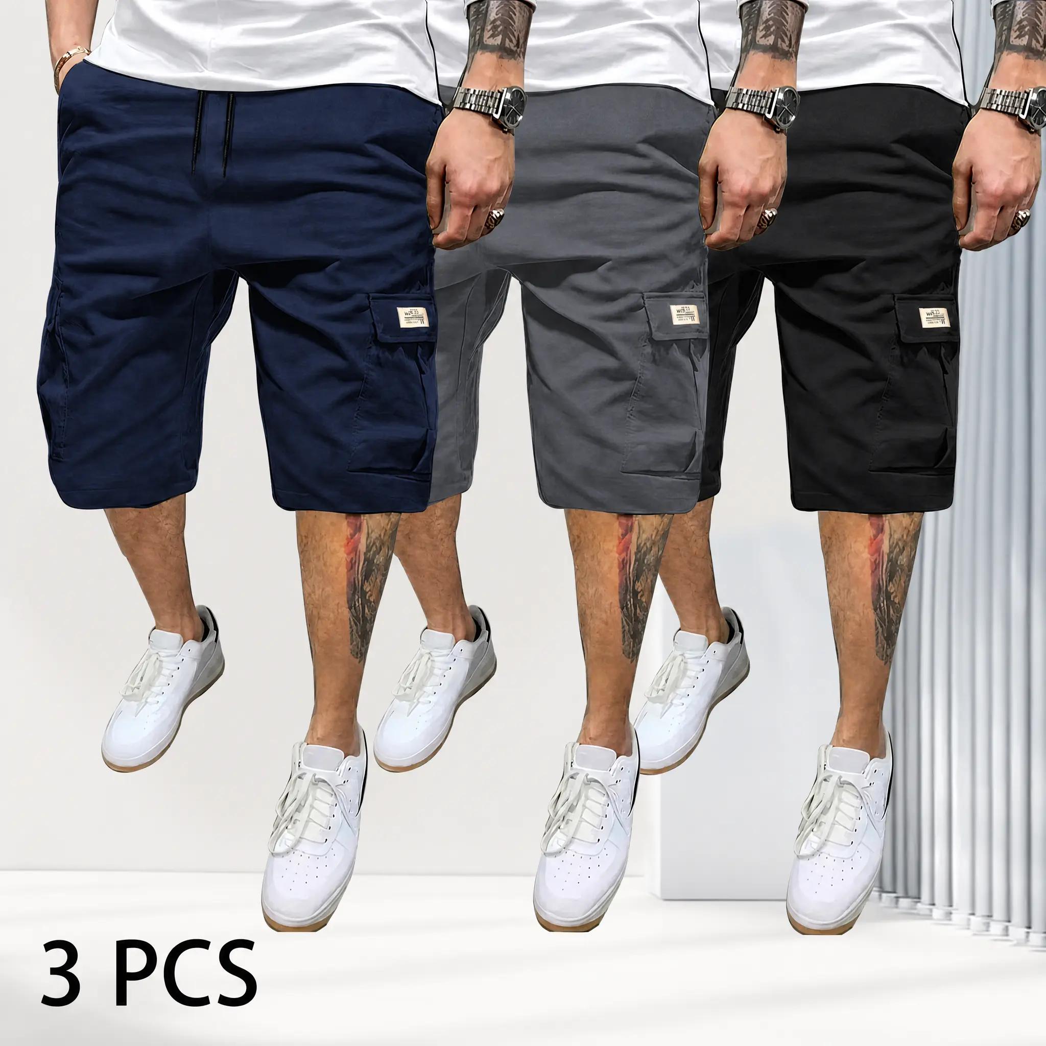 Men’s 3-piece slim shorts set — summer casual color-block drawstring ...