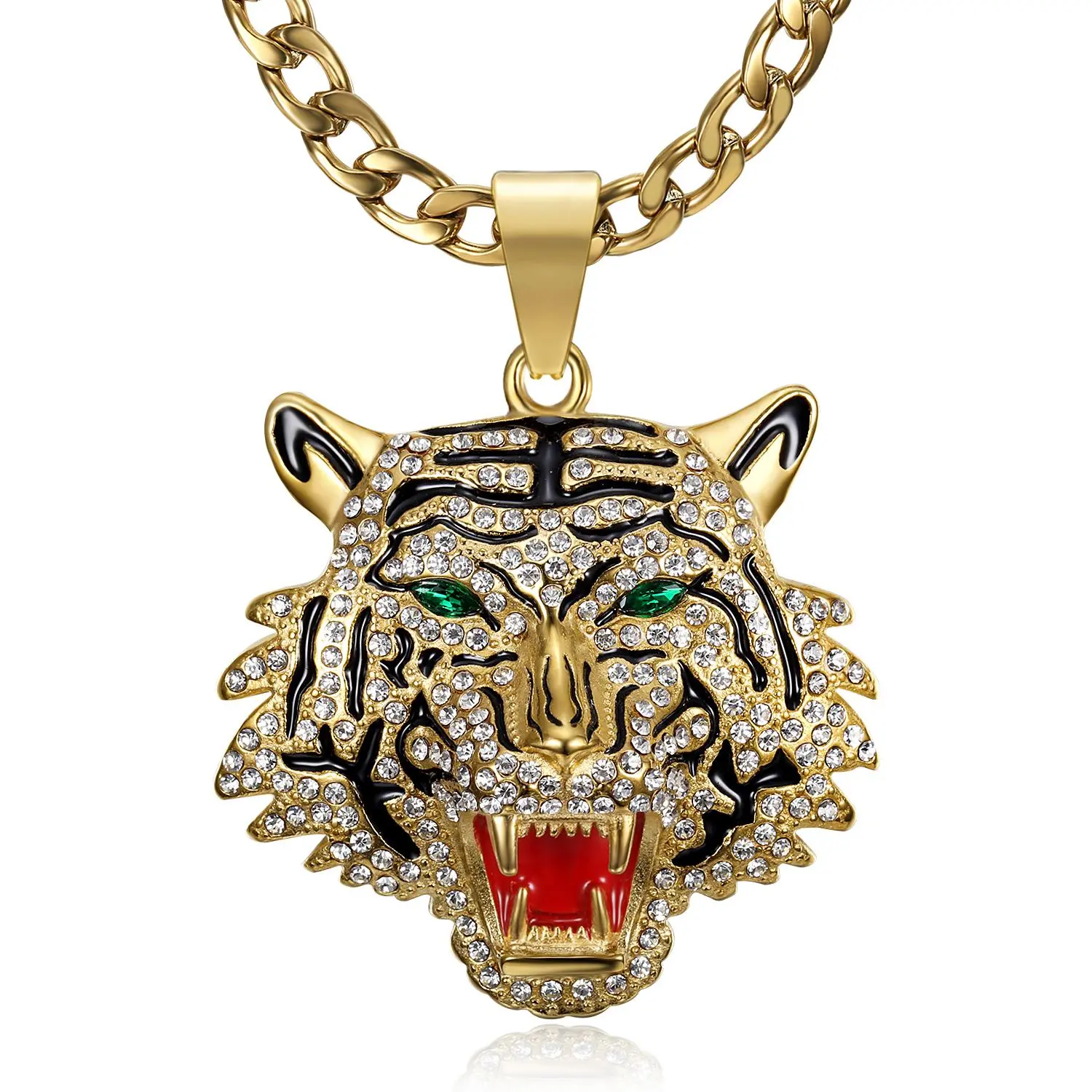 18K Gold Plated Tiger Head with Green Eyes Bloodred Tongue Pendant Punk Rock Stainless Steel Necklace, 24 Inch 7mm Chain for Men Hip Hop Animal Jewelry Bling Necklace