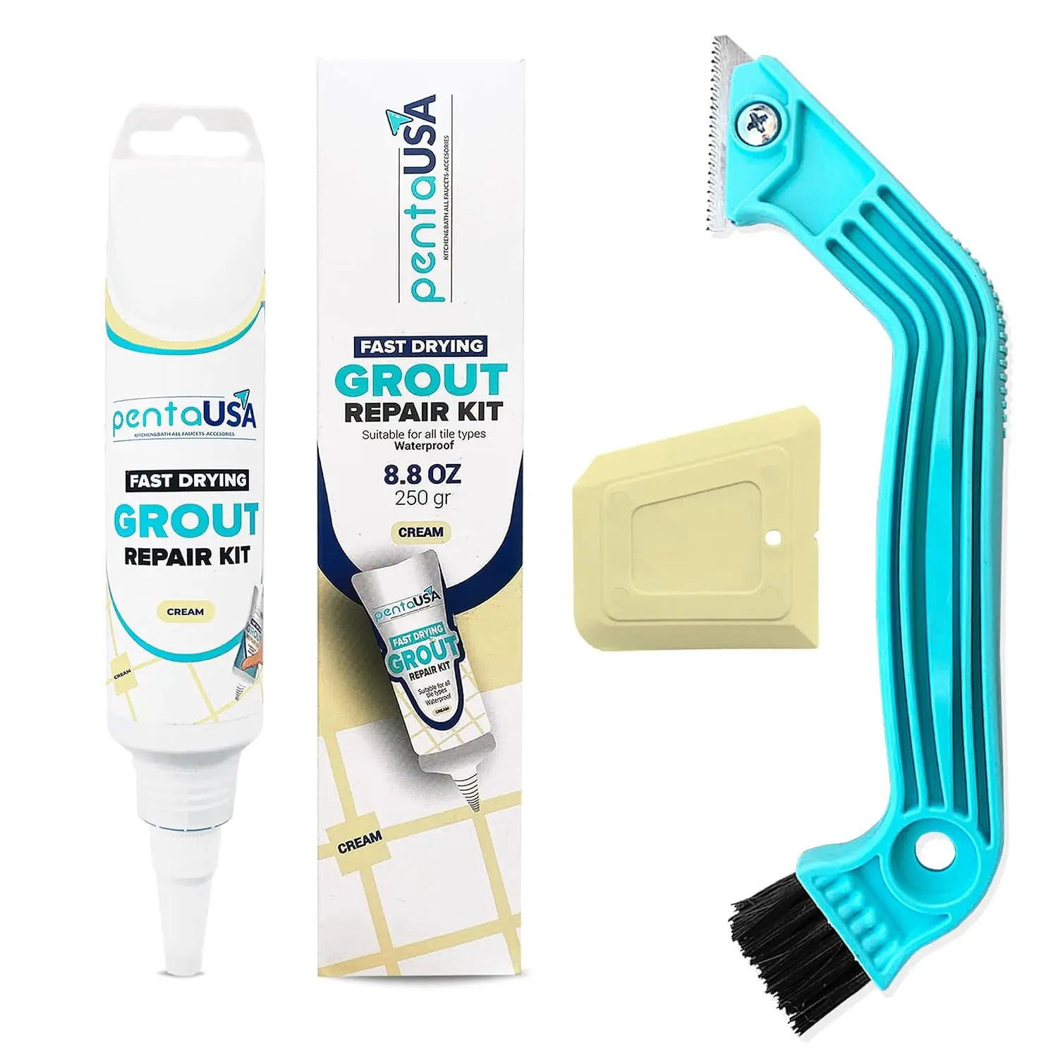 Cream Bundle Set Tile Grout Repair Kit- 8.8 oz Grout,with Grout Removal Tool and Remover Saw Sponge,Cleaner