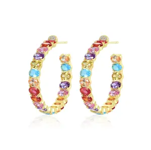 Cuafufu Colorful Multi-Gemstone Hoop Earrings – Vibrant Cubic Zirconia Stones Set in Gold-Plated Hoops, Statement Jewelry for Bold and Glamorous Looks