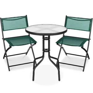 Best Choice Products 3-Piece Patio Bistro Dining Furniture Set w/ Round Textured Glass Tabletop, Folding Chairs